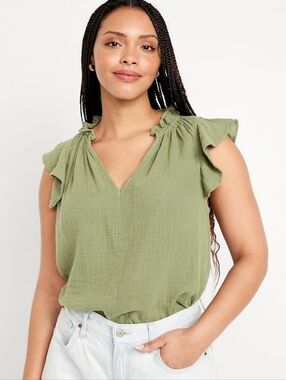 Old Navy 100% Cotton Gauze V Neck Ruffled Arm Top Green Size M